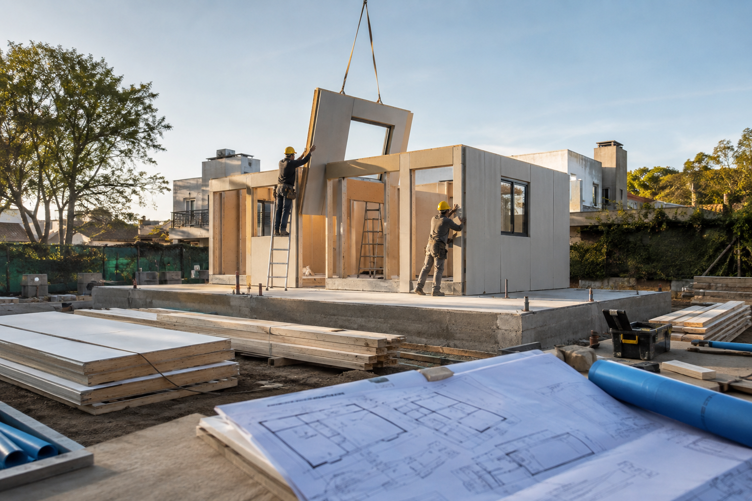 Casa prefabricada en montaje sobre fundación con paneles y materiales