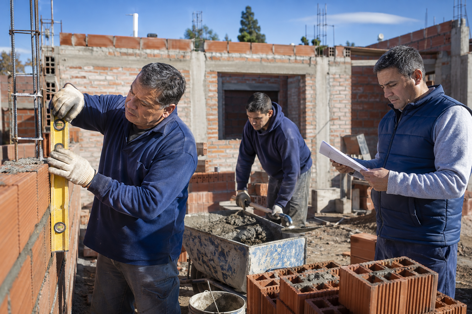 Cuadrilla de obra con oficial, ayudante y supervisor trabajando en una vivienda