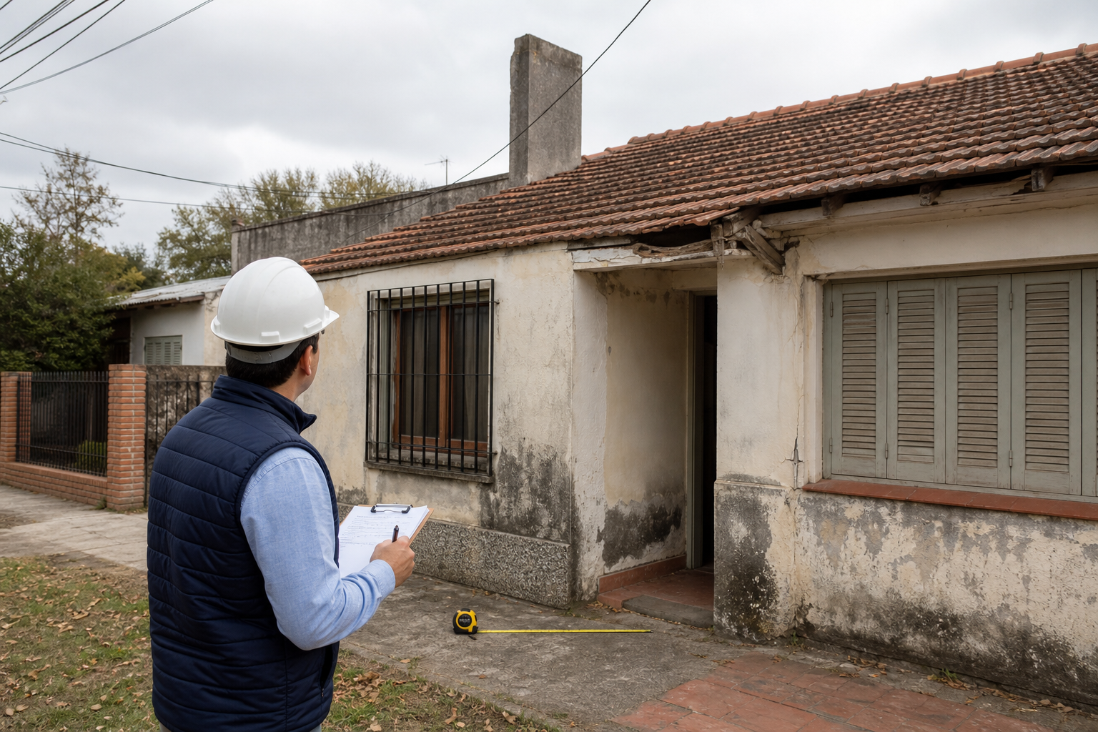Profesional inspeccionando una casa antigua antes de una refacción