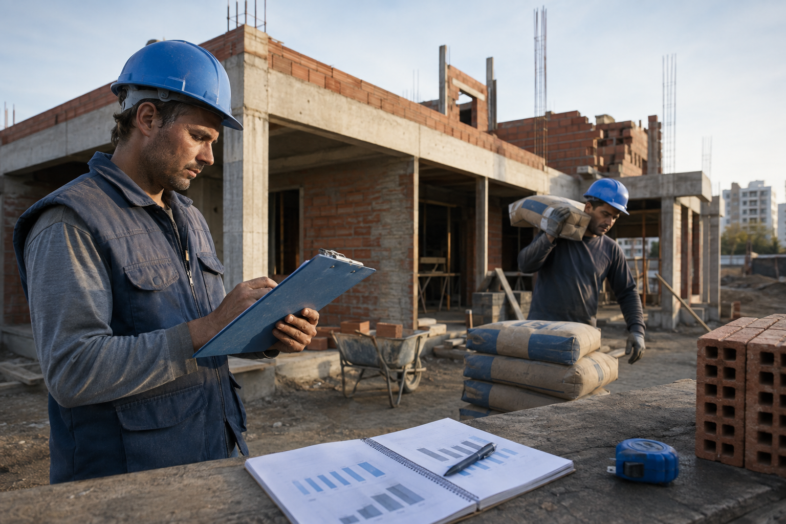Trabajadores y materiales de obra junto a indicadores de actividad
