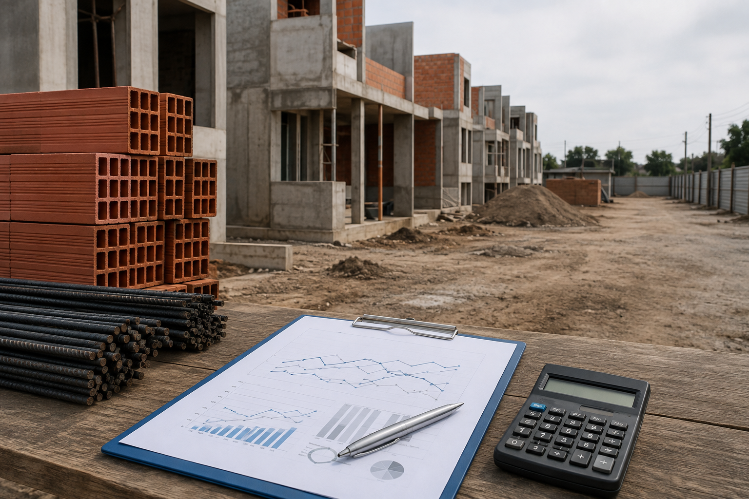 Materiales y una obra residencial tranquila junto a indicadores de costos